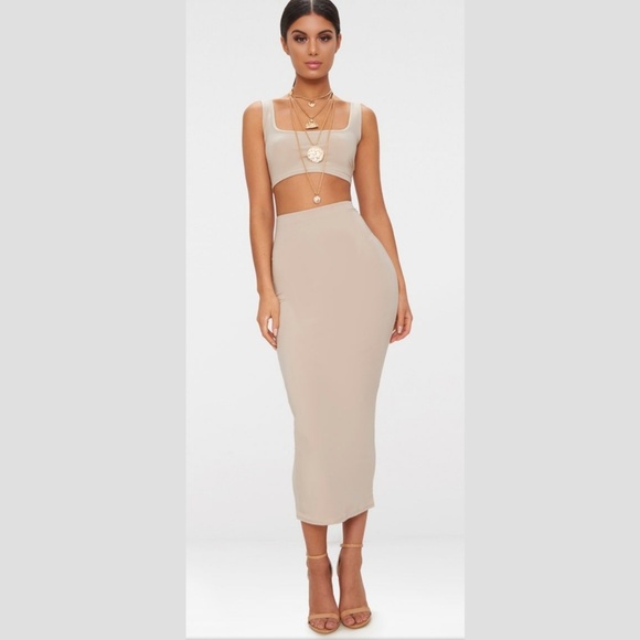 PrettyLittleThing Dresses & Skirts - NWT PLT Slinky 2 Piece Outfit Crop Top Tan